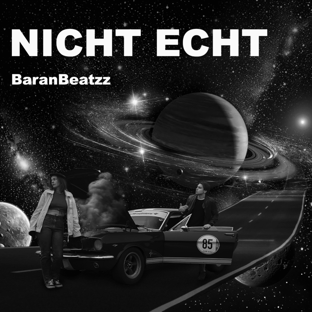 Coverbild des Songs „Nicht echt“ von BaranBeatzz mit einem alten Mustang und zwei Personen auf einer Straße im Weltall